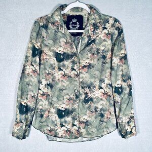 Sundance Cino Shirt Womens XS Green Tan Cotton Floral Sustainable Dark Romance